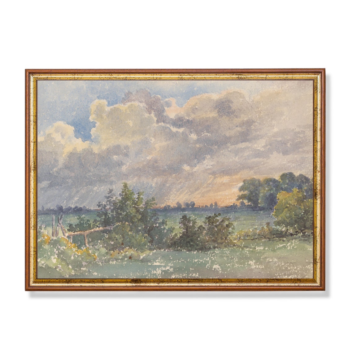 Storm Clouds and Rain Over a Green Marsh Meadow Watercolor Poster