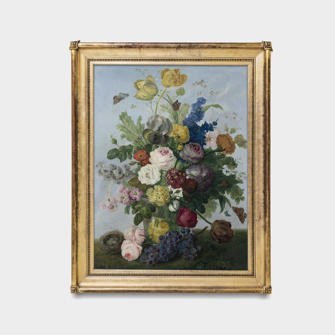 Vintage Dutch Floral Bouquet Still Life With Grapes and Birds Poster - Image 4