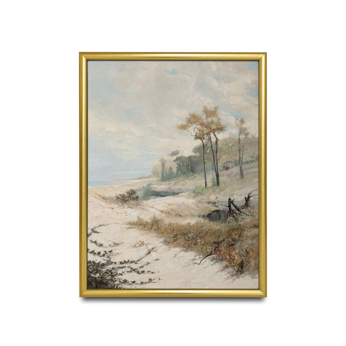 Misty Beach Dunes with Pine Trees Serene Vintage Landscape Poster - Image 3