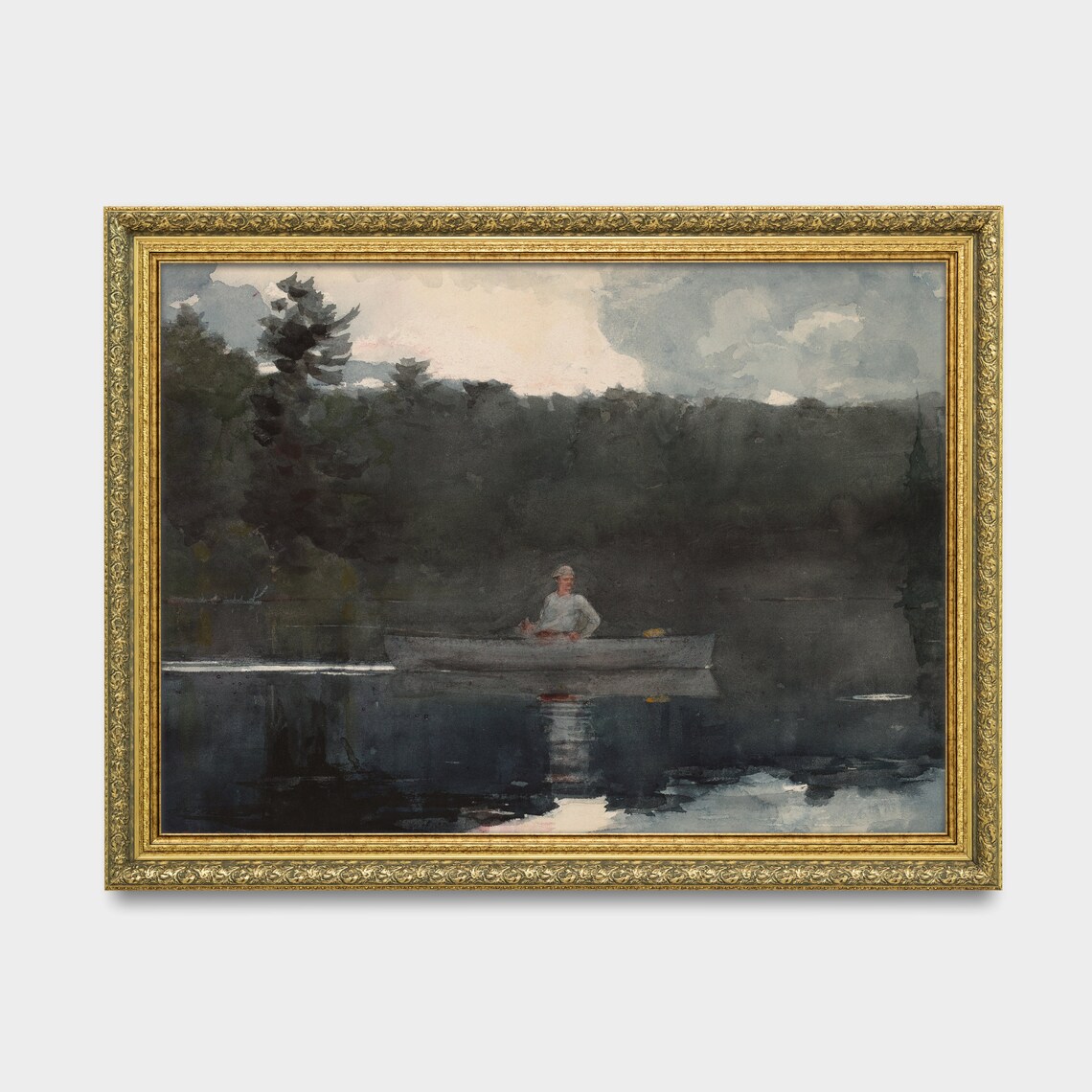 Lone Fisherman in a Canoe at Dusk on a Pine Lake Vintage Poster - Image 3