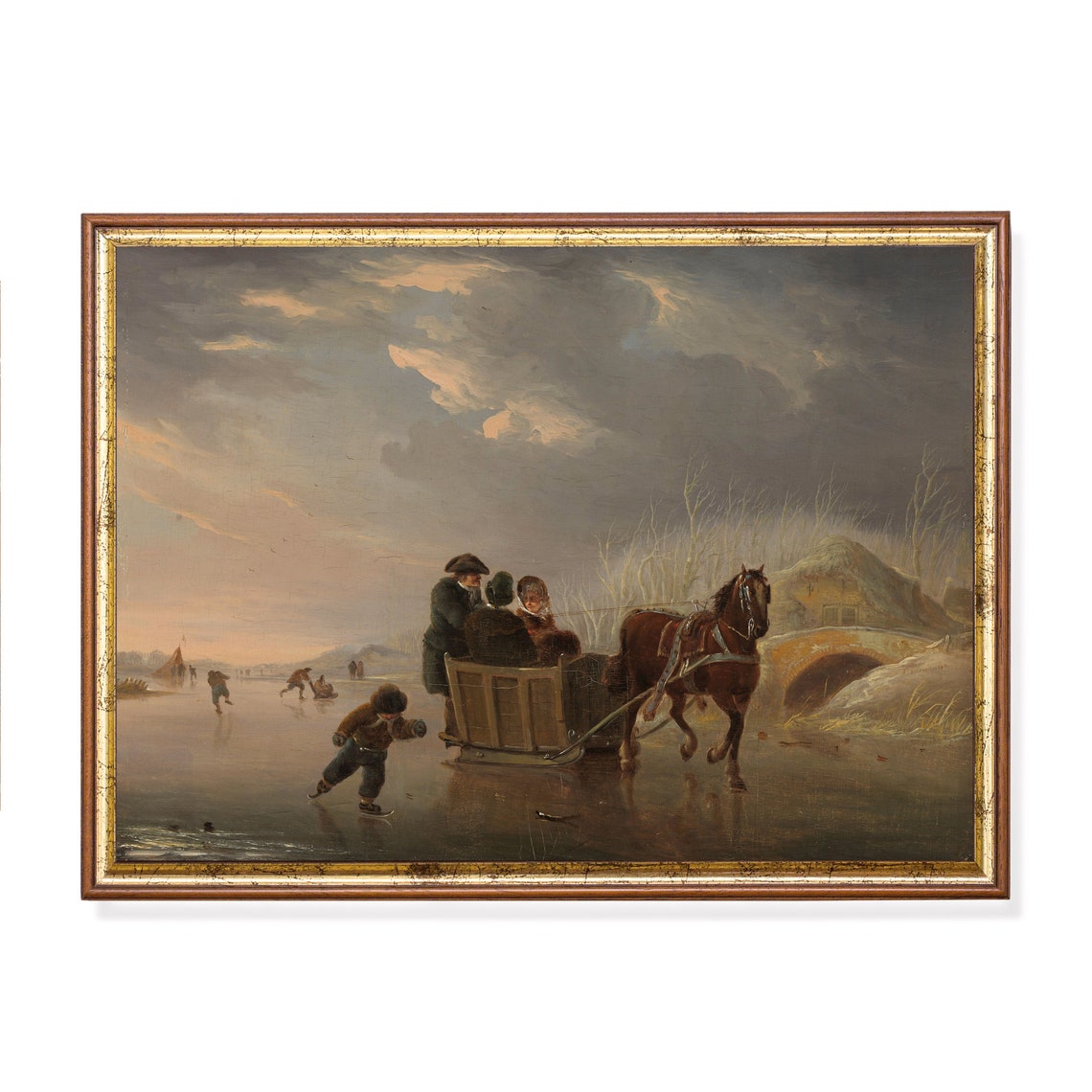 Horse-Drawn Sleigh on a Frozen Canal at Dusk Winter Painting Poster