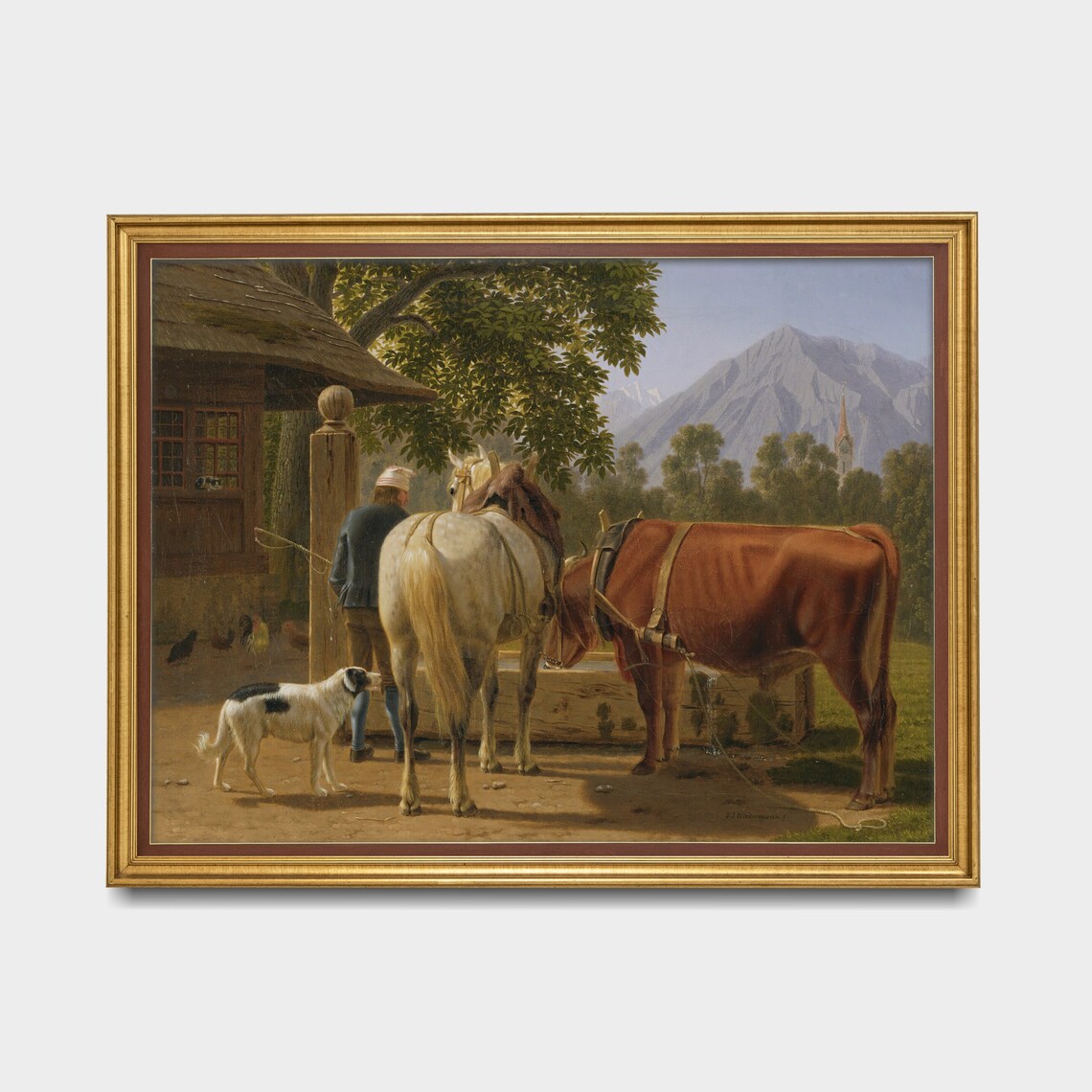 Farmyard Horse Cow and Dog at the Trough Alpine Scene Poster - Image 4