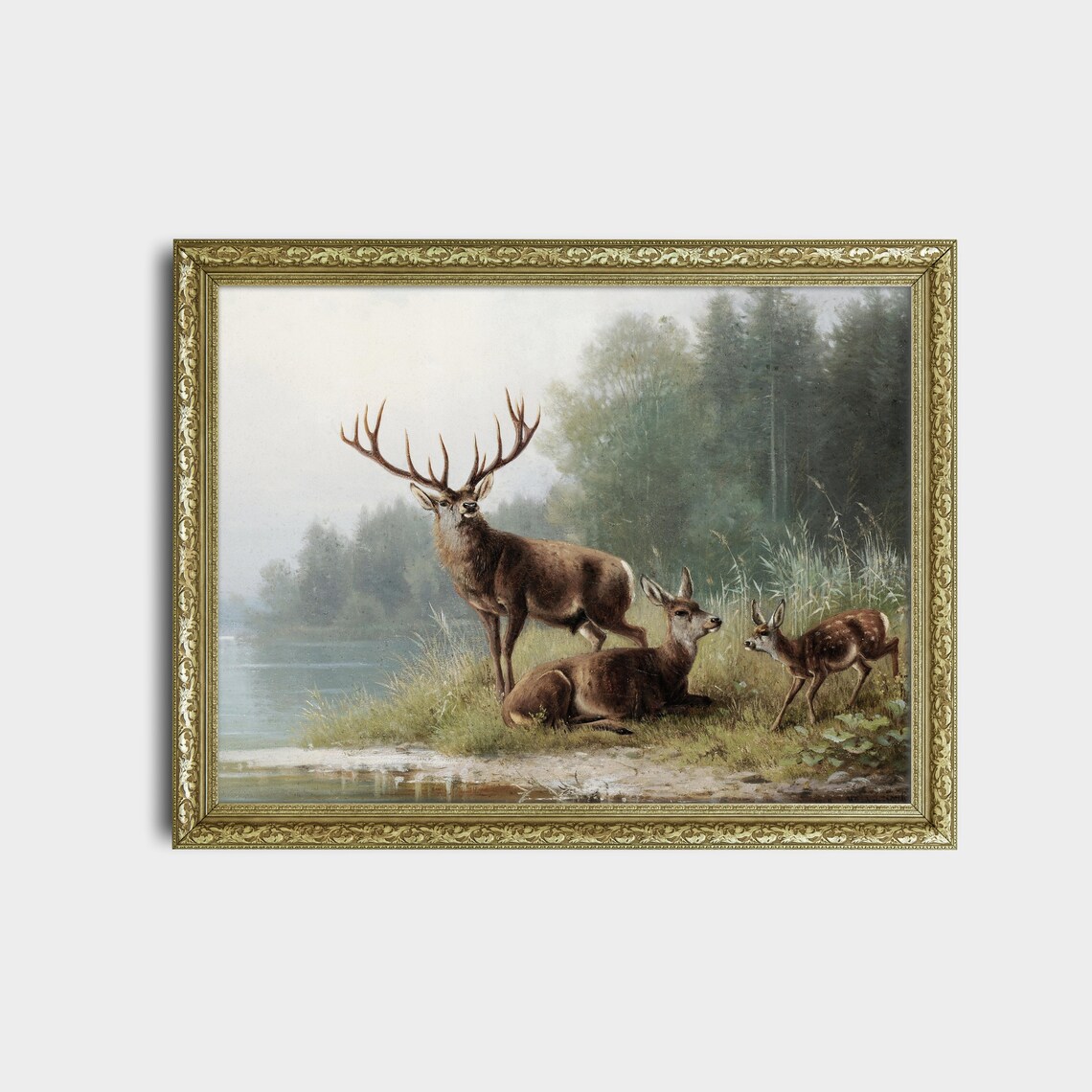 Stag Doe and Fawn at Misty Lake Vintage Deer Painting Poster - Image 2