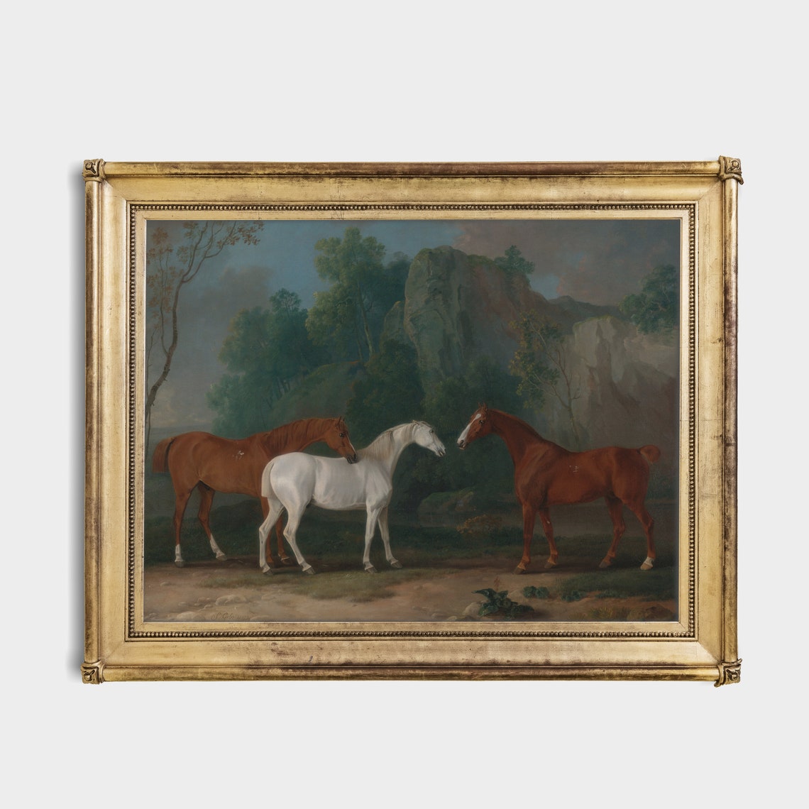 Two Chestnut Horses and a White Horse by the Rocks Painting Poster - Image 2