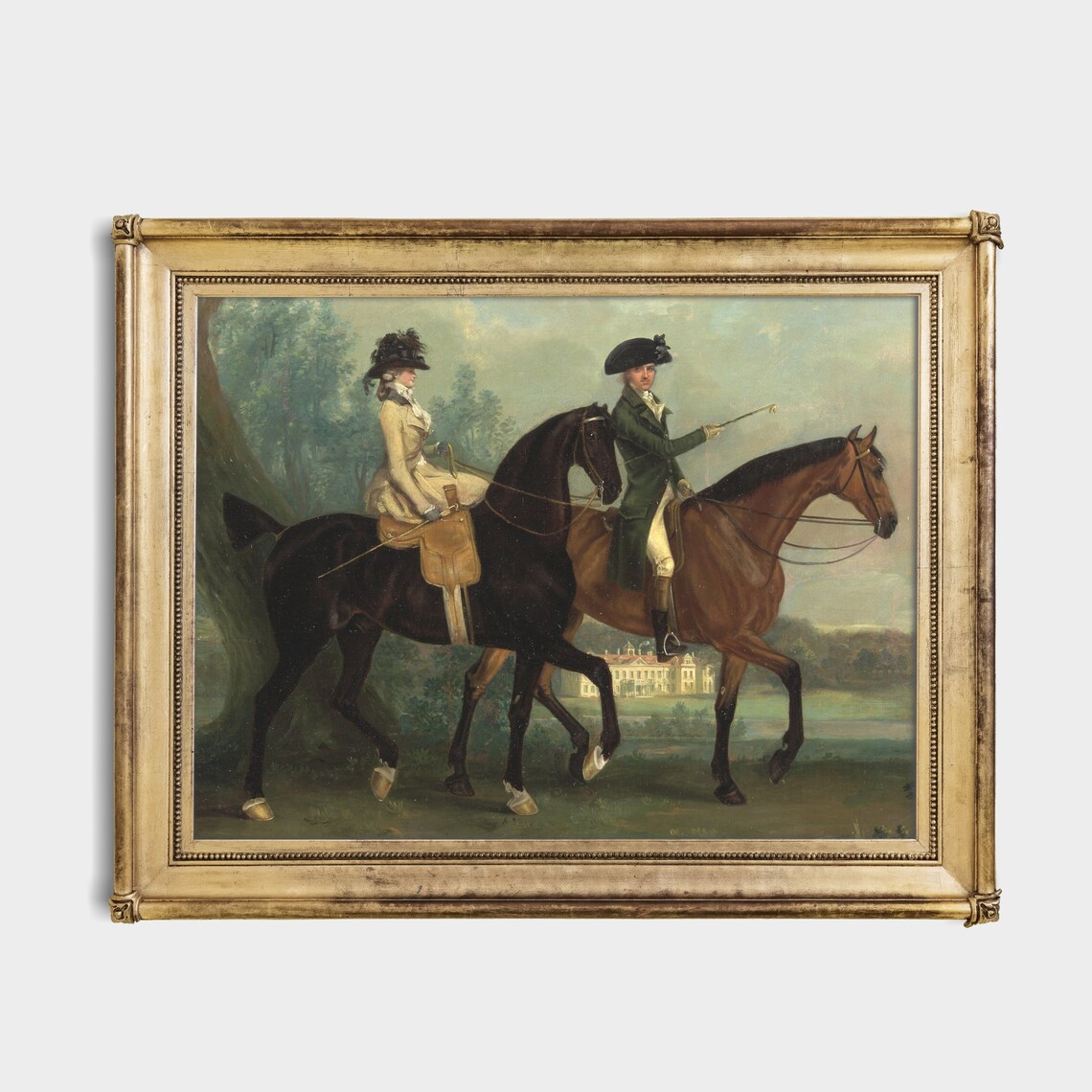 Elegant Riders on Horseback Before a Grand Manor House Poster - Image 2