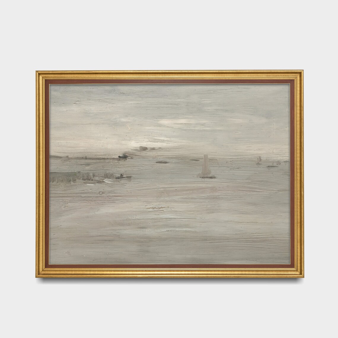 Minimal Gray Seascape With Distant Sailboats Moody Art Poster - Image 2
