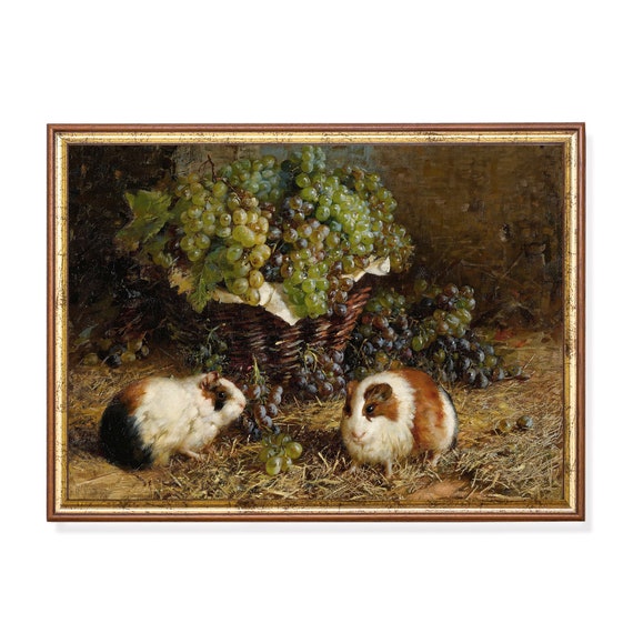 Printed And Shipped Vintage Painting Guinea Pigs With Basket Of Grapes Antique Animal Print Moody Rustic Art Physical Prints