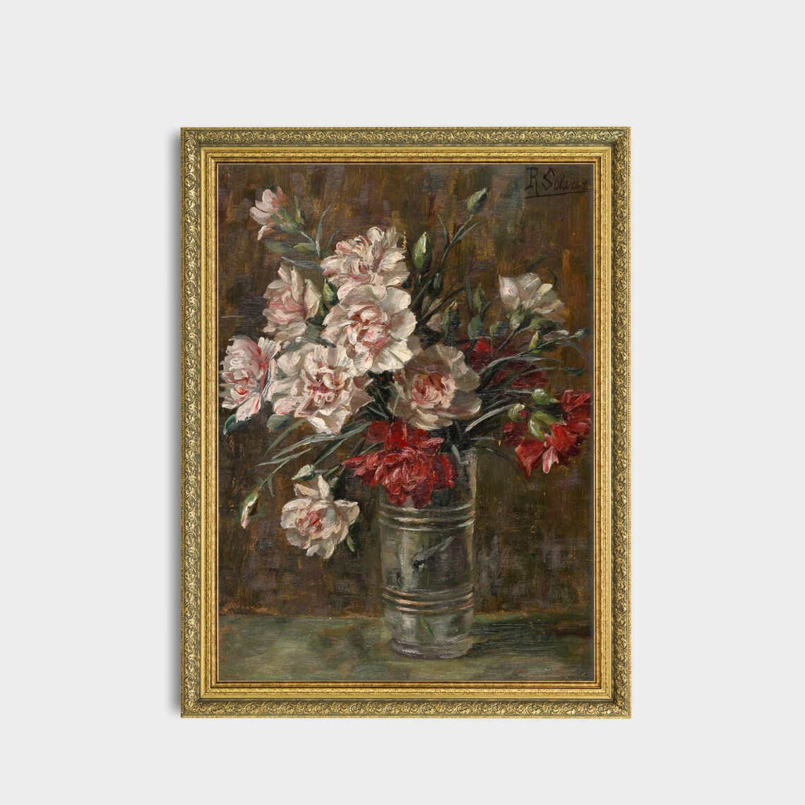 White and Red Carnations in a Glass Vase Vintage Floral Art Print - Image 3