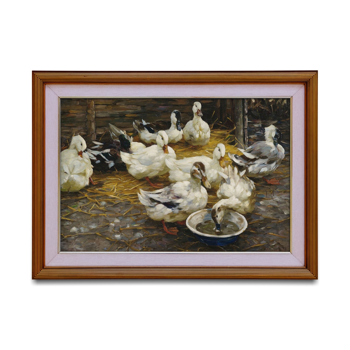 White Ducks Around a Water Bowl Signed A. Koester Farm Poster