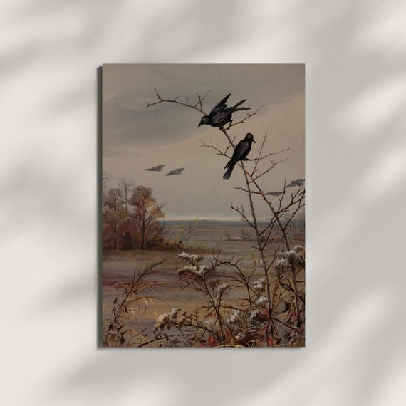 Vintage Bird Print Moody Landscape Art Dark Academia Nature Decor Antique Crow Painting Rustic Wall Art Print Only