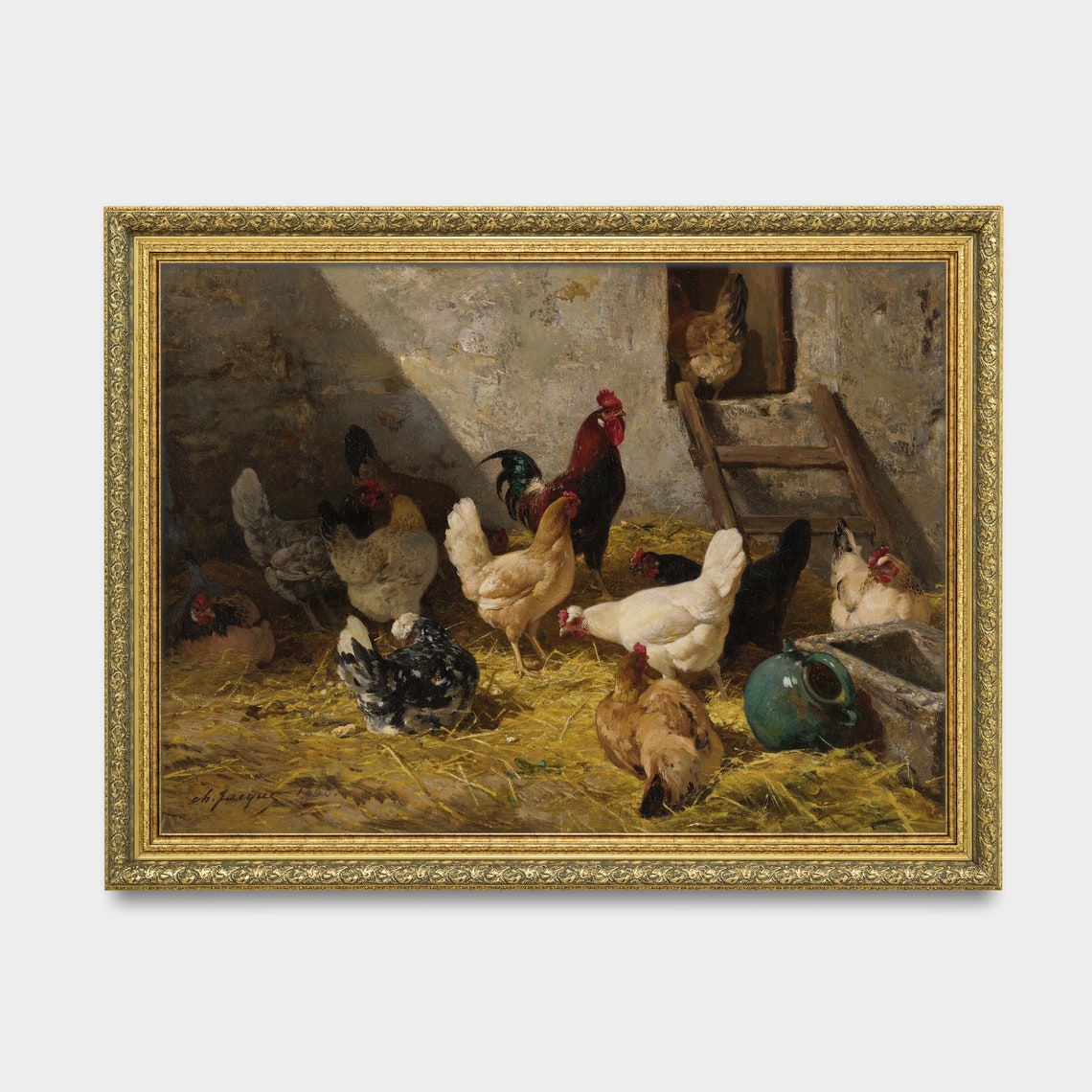 Rooster Painting Vintage Hen Print Dark Moody Rustic Oil Painting Farmhouse Animal Antique Art Wall Art - Image 3