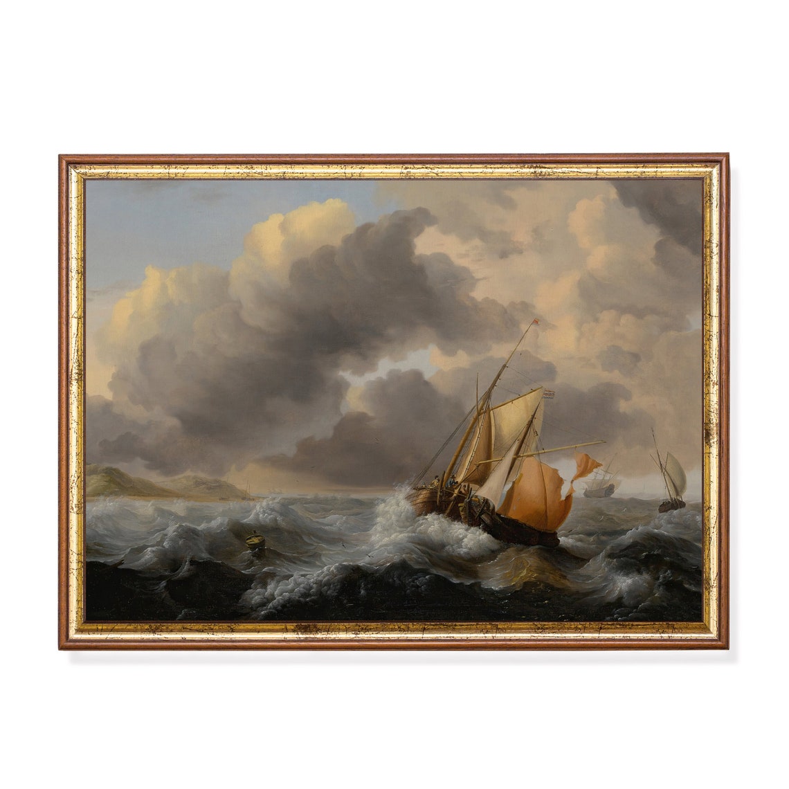 Sailing Ships Battling Stormy Seas Antique Dutch Seascape Poster