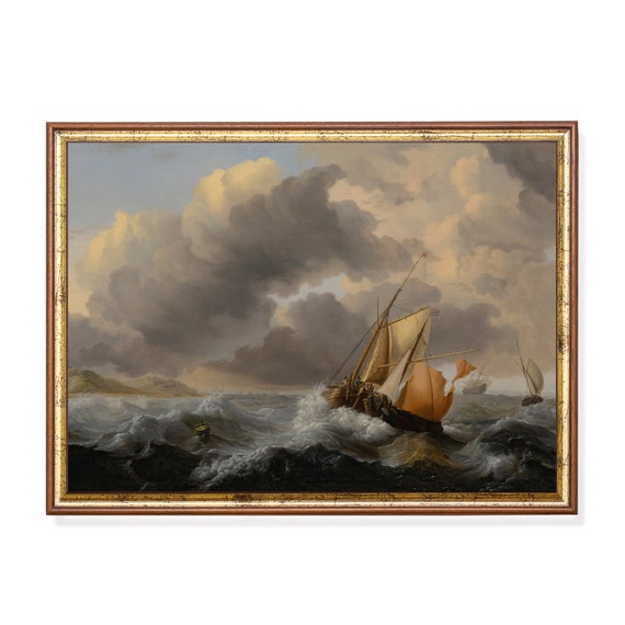 Printed And Shipped Vintage Sailing Ship Painting Antique Seascape Print Moody Rustic Ocean Beach Nautical Decor Physical Prints