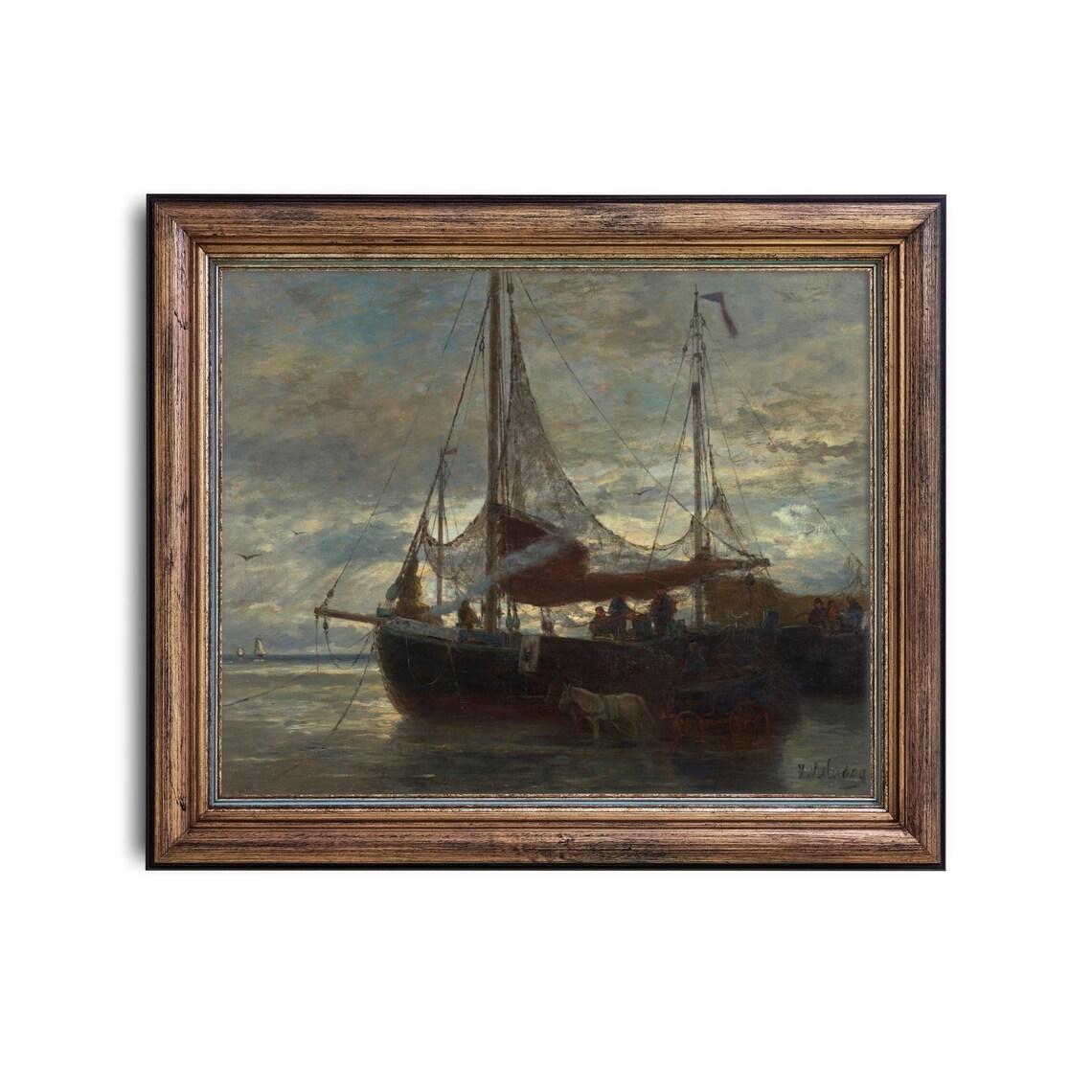 Fishing Boat Harbor Sunset Vintage Nautical Seascape Art Poster - Image 2
