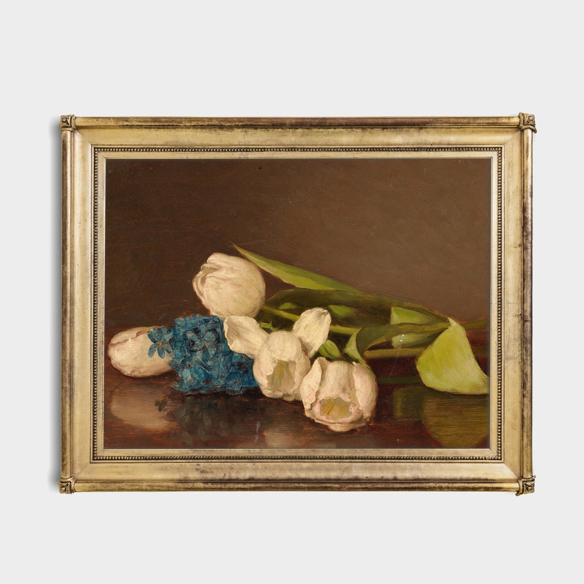 White Tulips and Blue Hyacinth on Dark Table Still Life Poster - Image 3