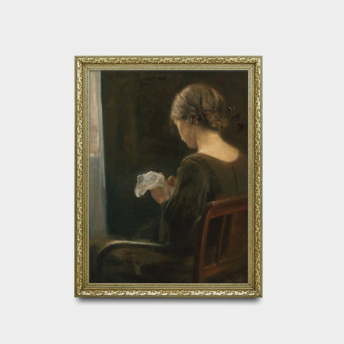 Woman Sewing by a Window Seen from Behind Moody Interior Oil Print - Image 2