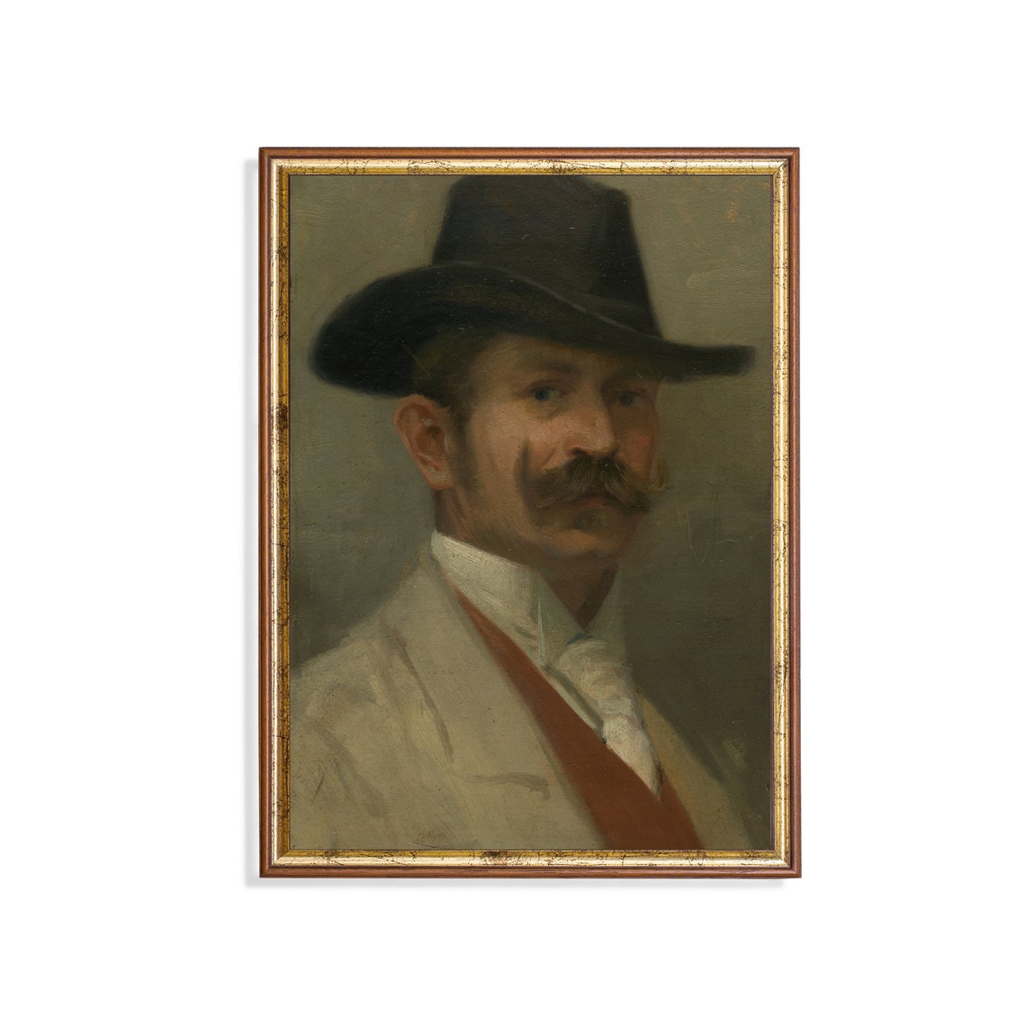 Gentleman With Black Hat and Mustache Vintage Oil Portrait Poster