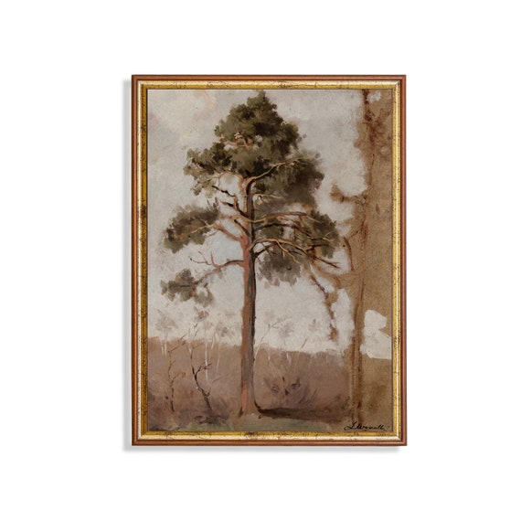 Vintage Landscape Painting Antique Pine Tree Print Rustic Forest Fine Art Wall Art Farmhouse Decor