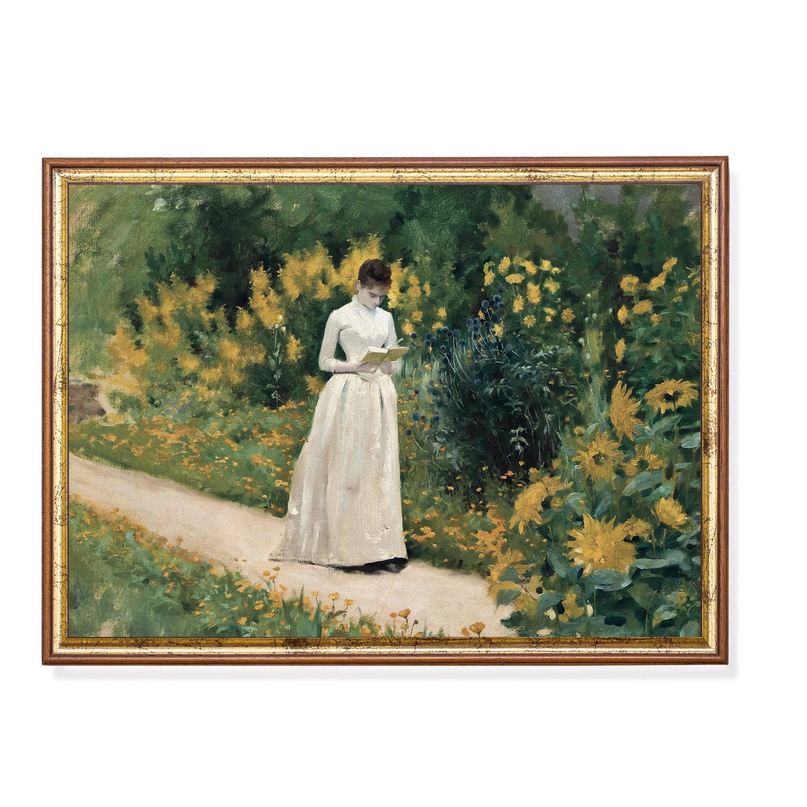 Woman Reading Book In The Garden Vintage Portrait Painting Antique Art Print Wall Art Country Scenery