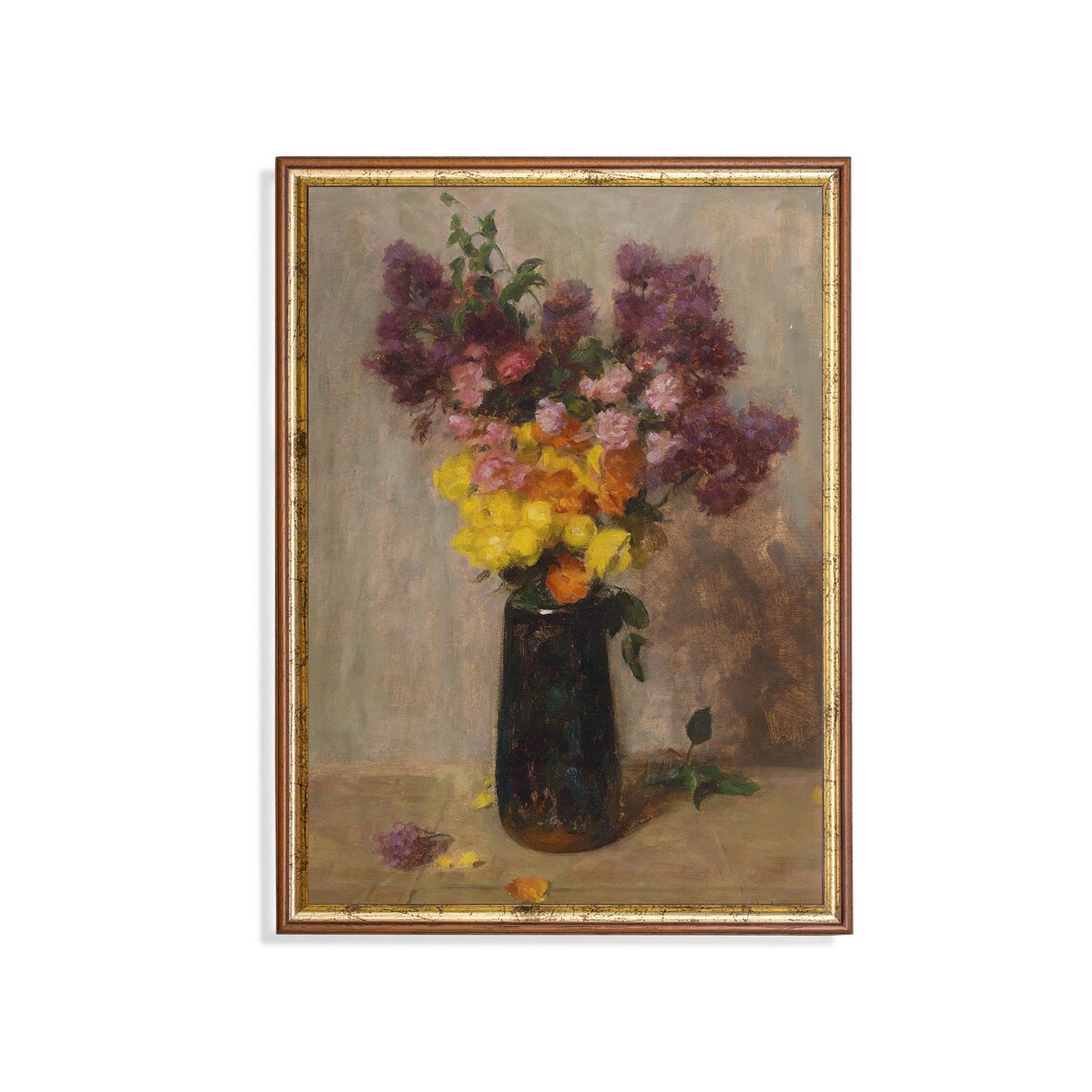 Lilac and Peony Bouquet in a Dark Vase Floral Still Life Poster