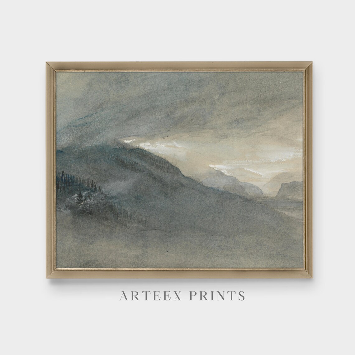 Foggy Grey Mountain Peaks Antique Watercolor Landscape Poster - Image 4