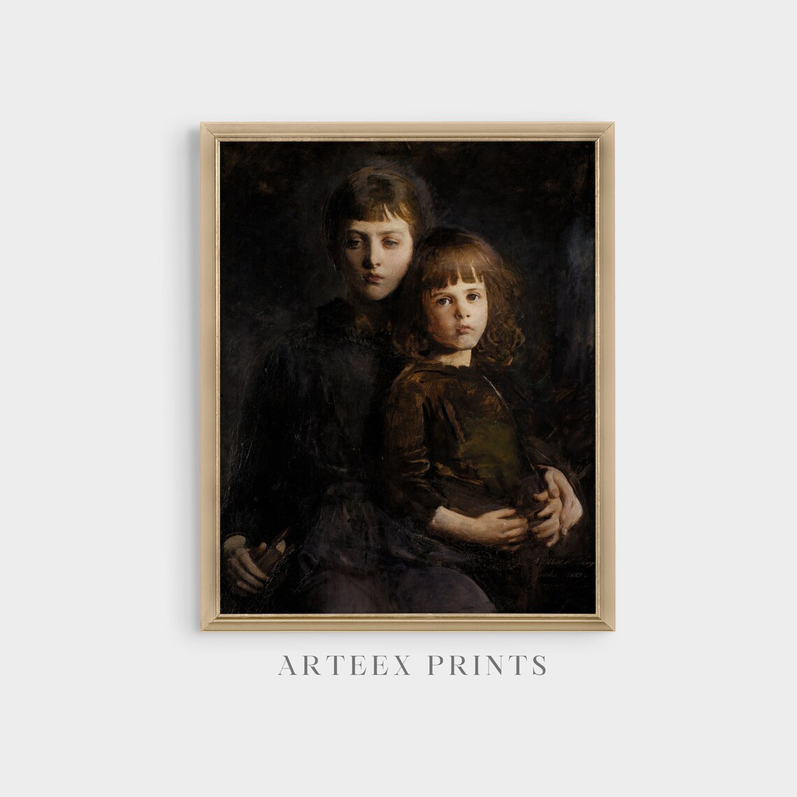 Two Young Sisters Portrait in Dark Vintage Oil Painting Art Poster - Image 5
