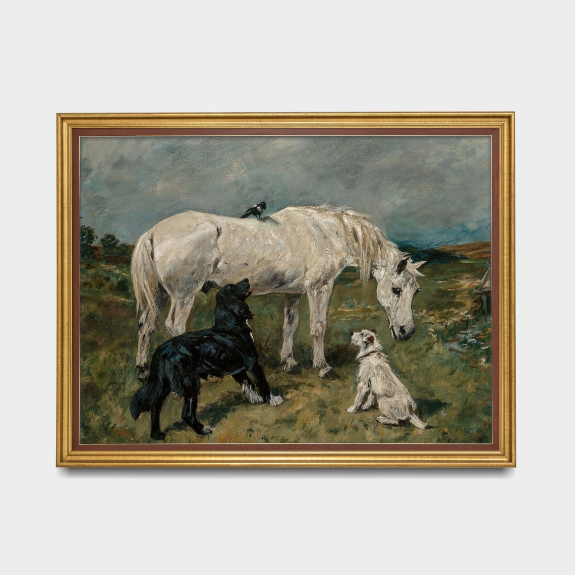 White Horse With a Black Dog and a Terrier Vintage Pastoral Poster - Image 3