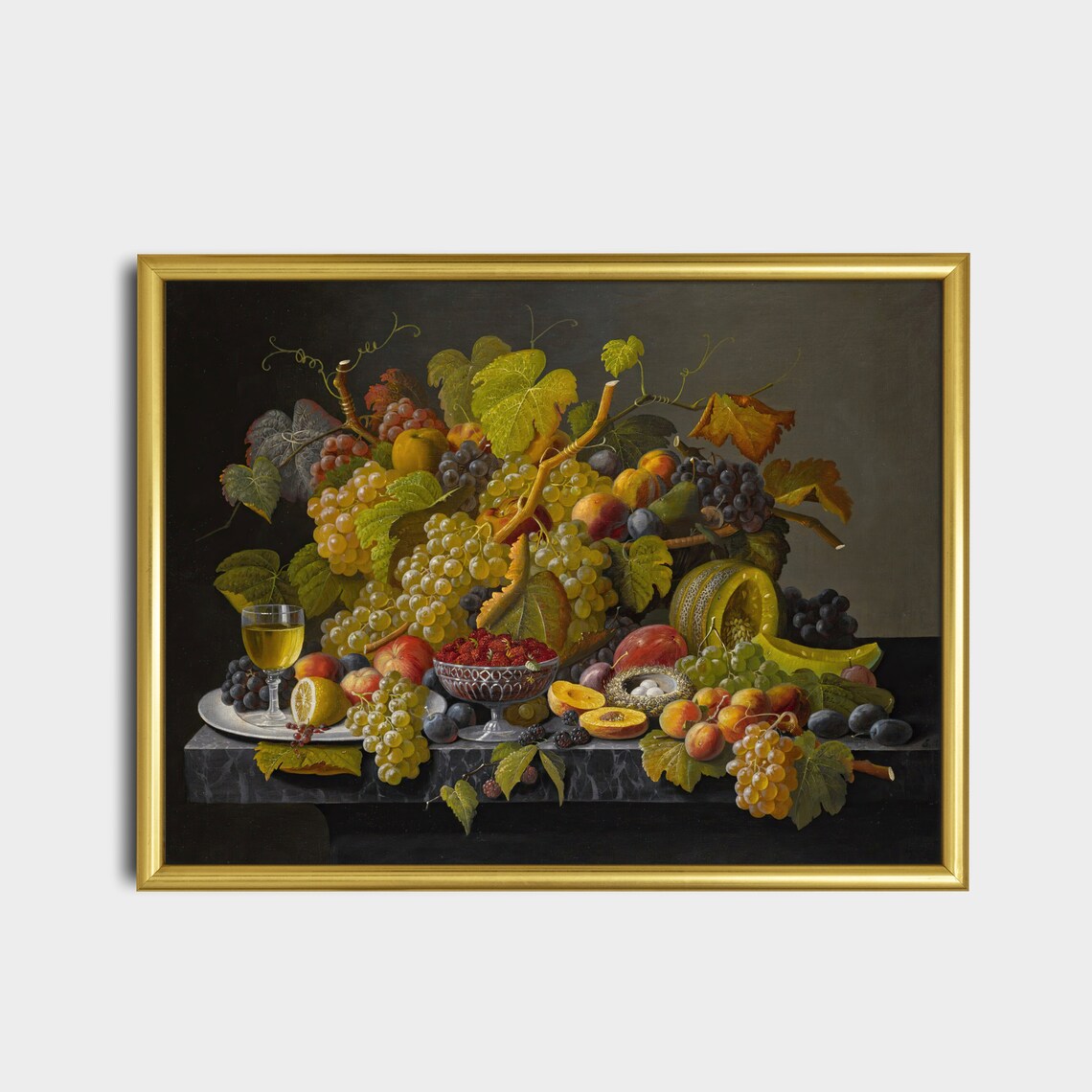 Overflowing Fruit Mound with Grapes and Melon Antique Still Life Poster - Image 2