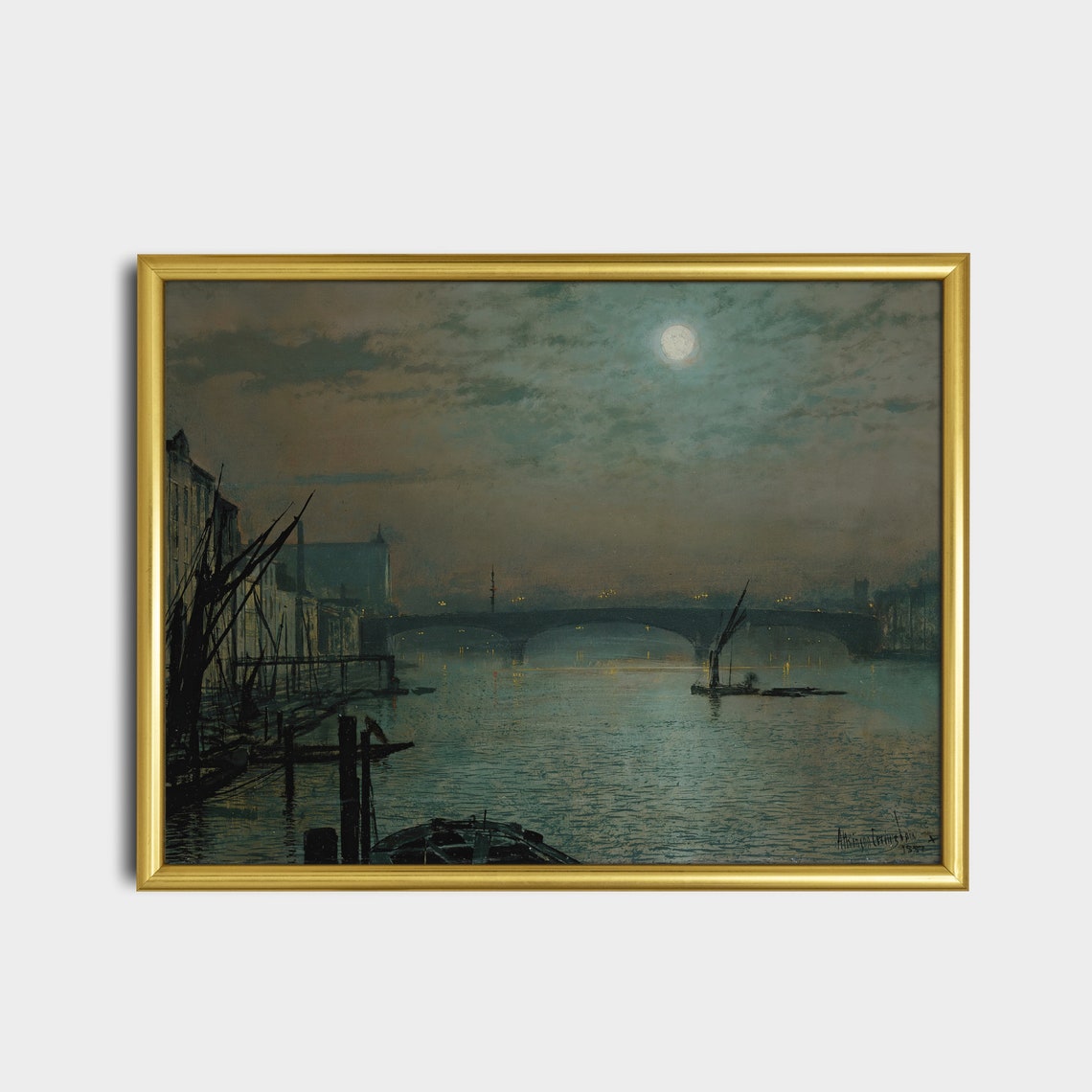 Moonlit River Bridge with Barges Night Cityscape Painting Poster - Image 2