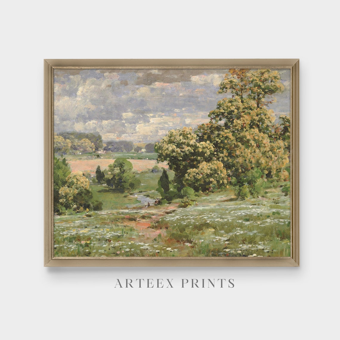 Lush Spring Meadow with Trees Impressionist Landscape Painting Poster - Image 4