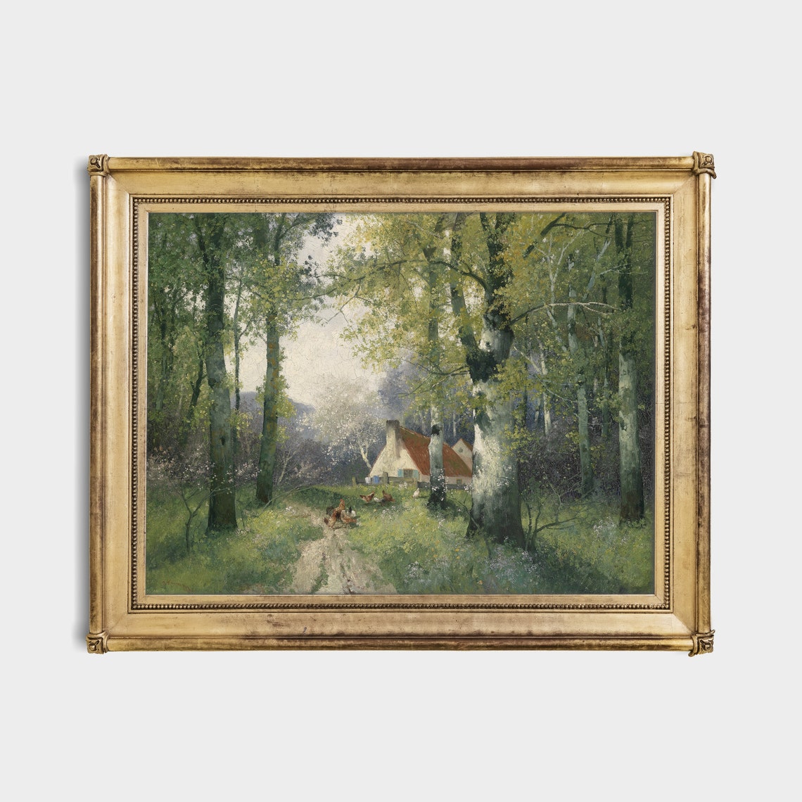 Birch Forest Clearing With a Red Roofed Cottage Green Poster