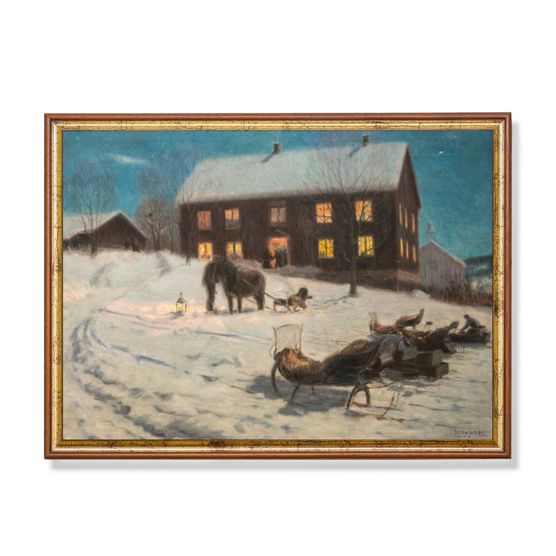 Horse-Drawn Sleighs at Night Outside Lit Country House Poster