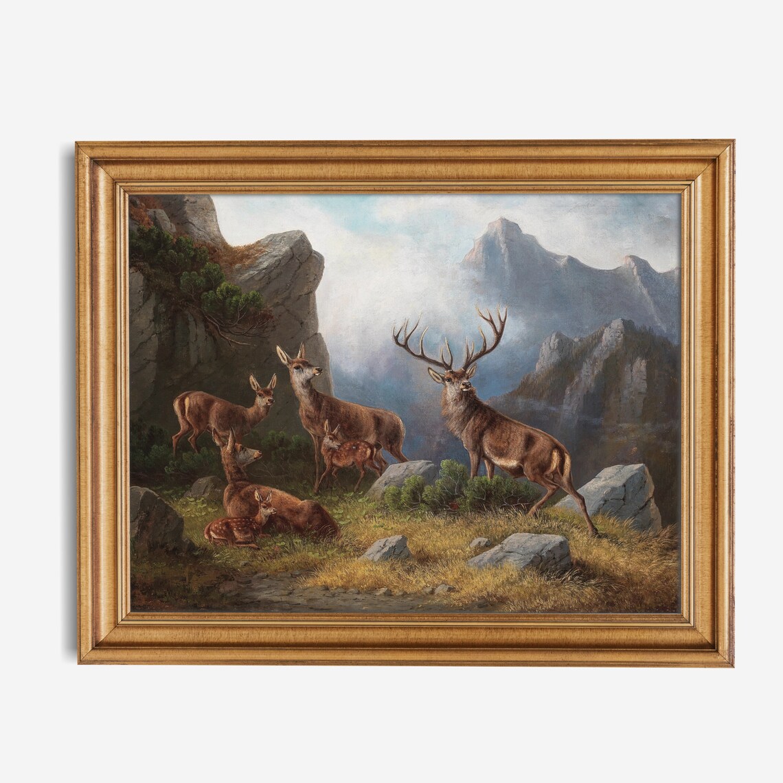 Red Deer Stag with Herd on Rocky Mountain Slope Vintage Wildlife Art Poster - Image 2
