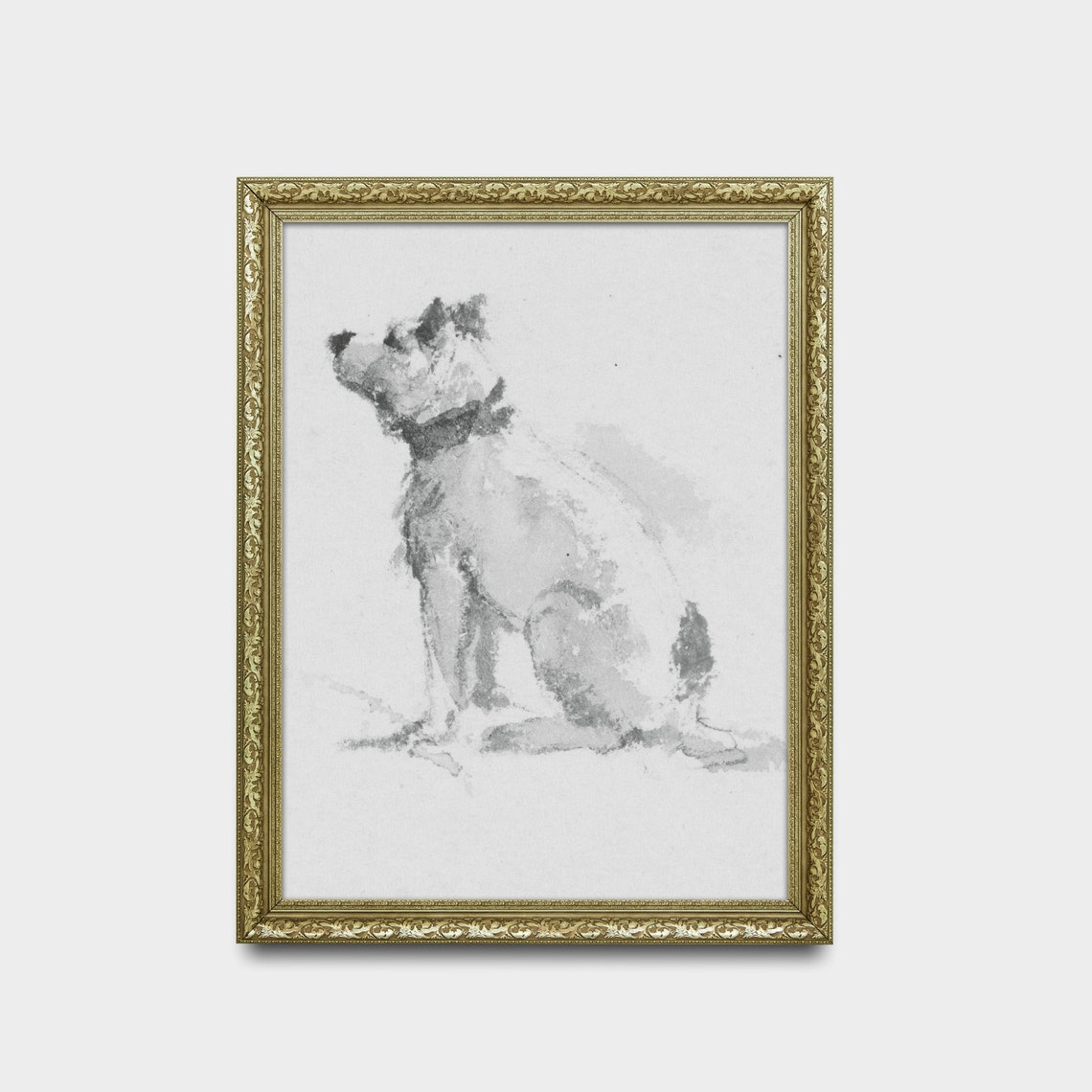 Seated Terrier Dog Gazing Upward Antique Pencil Sketch Study Poster - Image 2