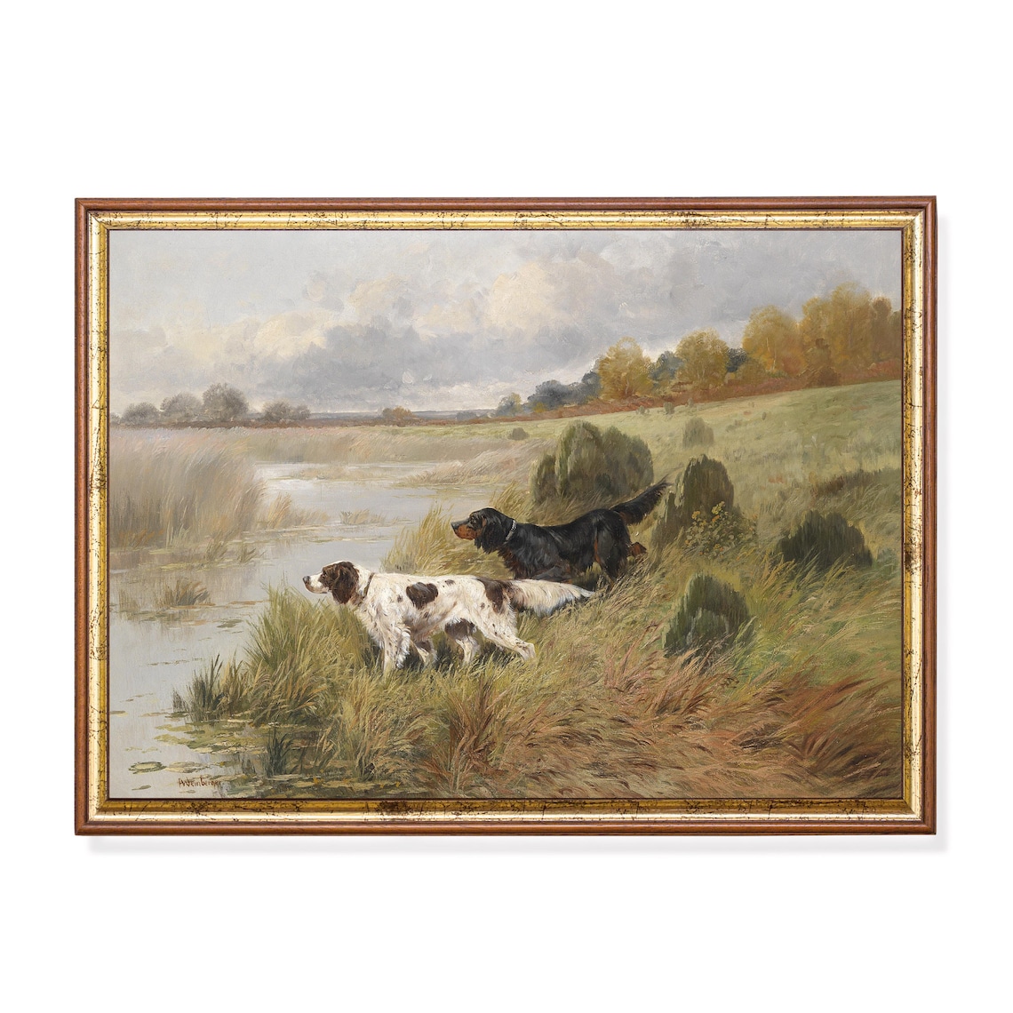 Vintage Dogs in a Landscape, Antique Art Print