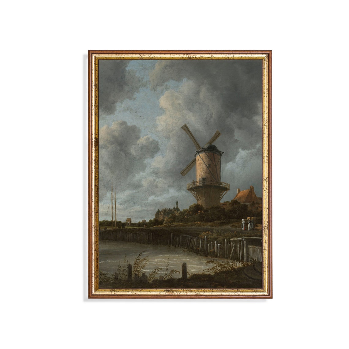 Dutch Windmill on a Riverbank Under Stormy Skies Painting Poster