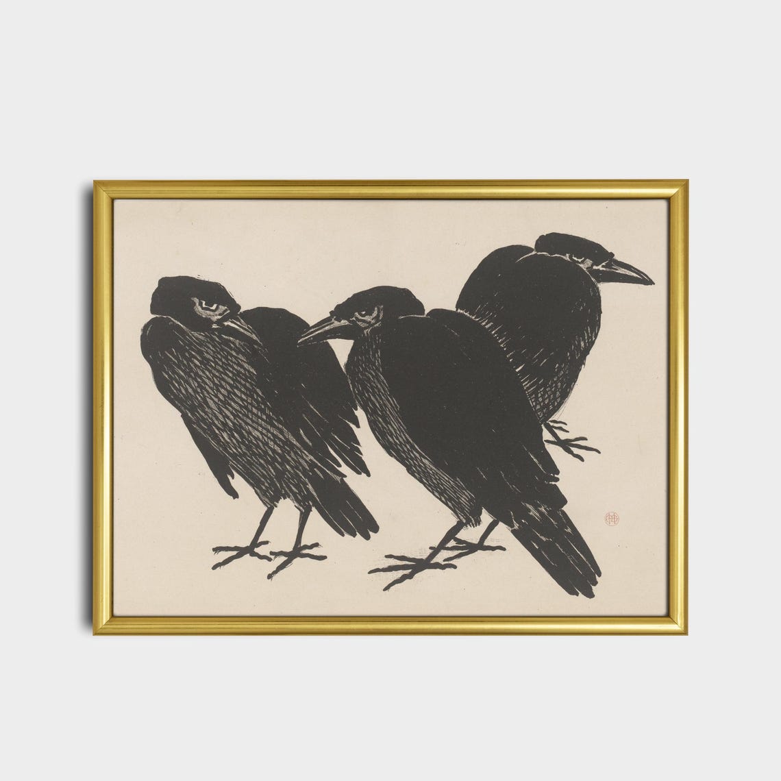 Three Crows Bold Japanese Ink Drawing Antique Bird Art Poster - Image 2