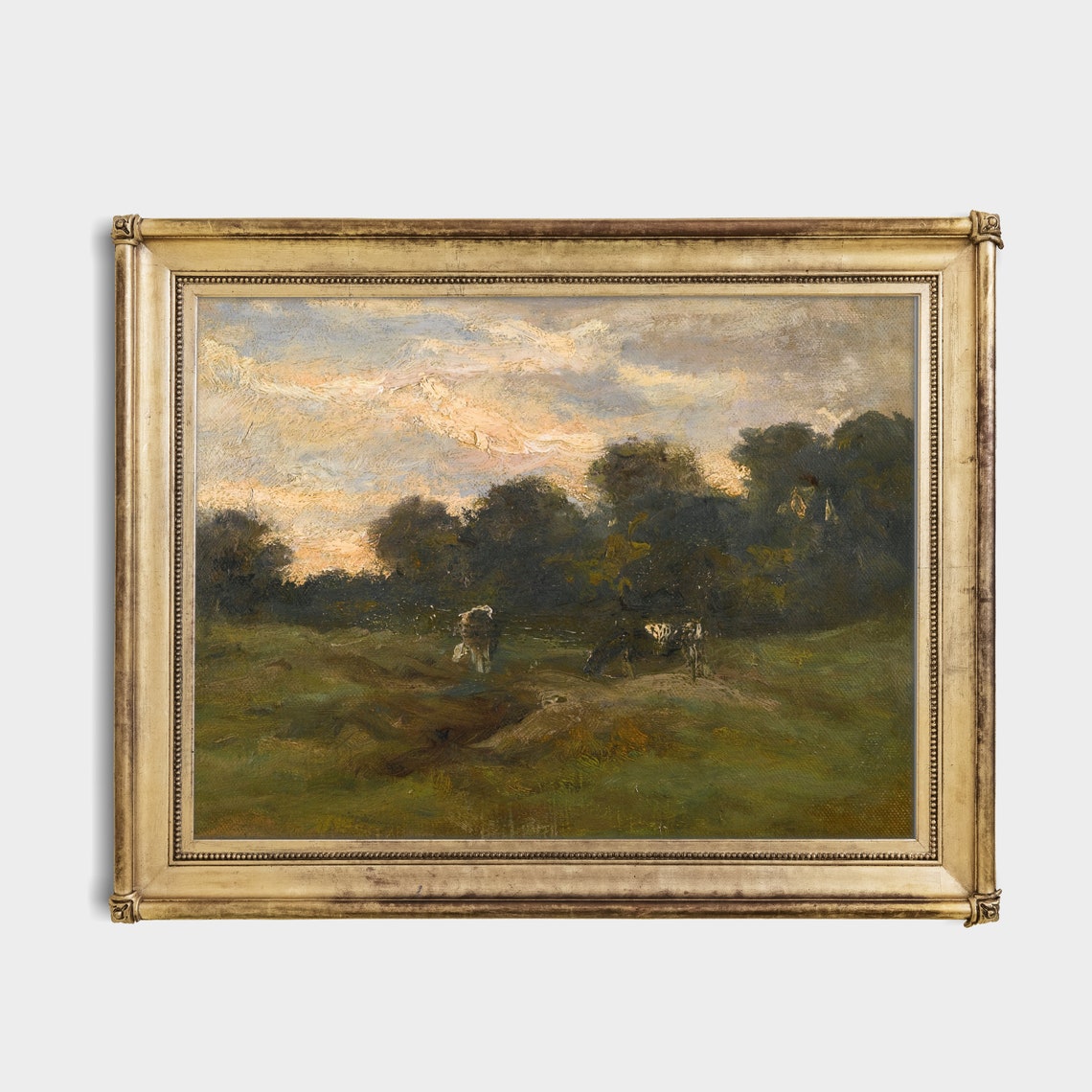 Cows Grazing at Dusk in a Dark Wooded Pasture Landscape Poster - Image 3