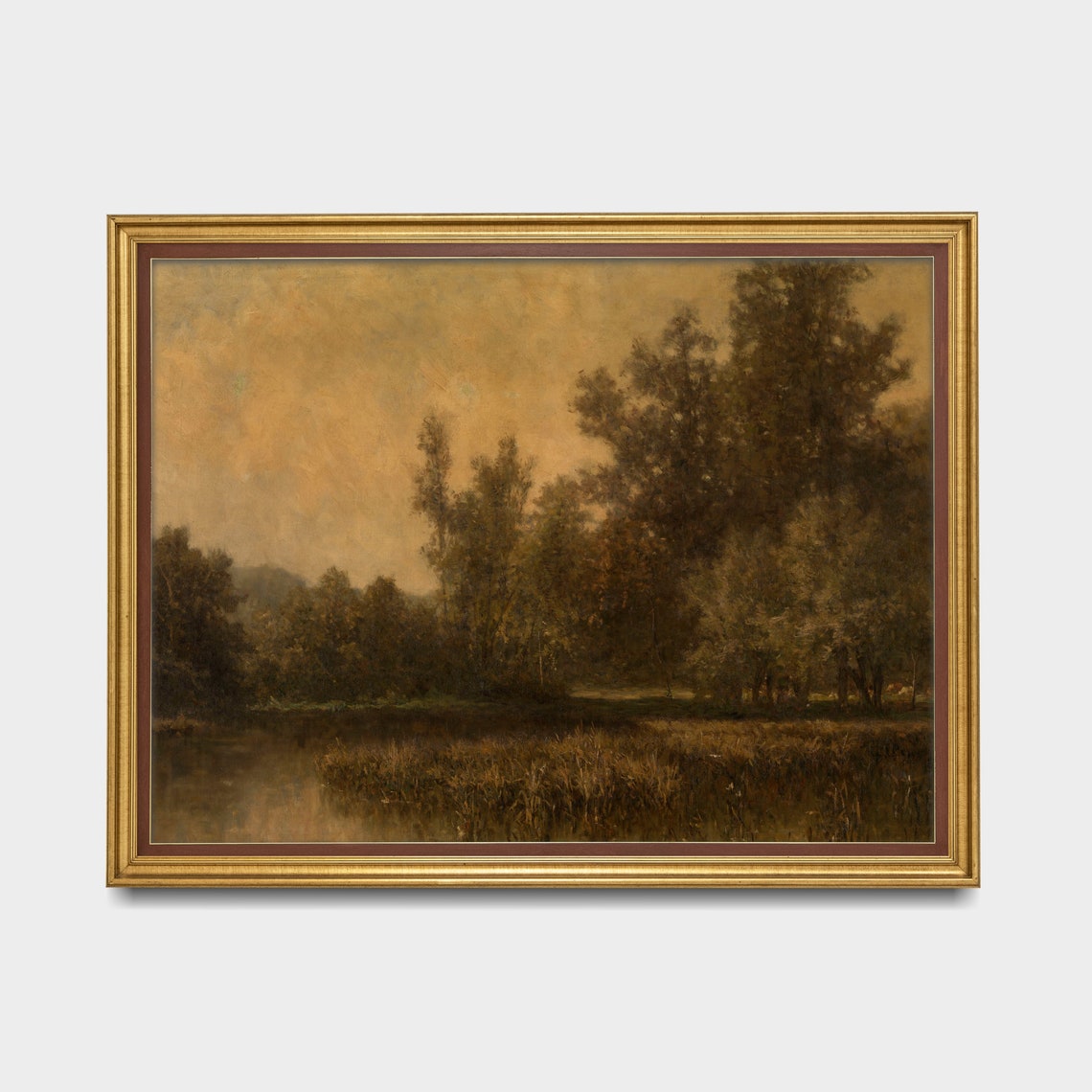 Golden Marsh at Dusk With Reeds and Still Water Moody Landscape Poster - Image 3
