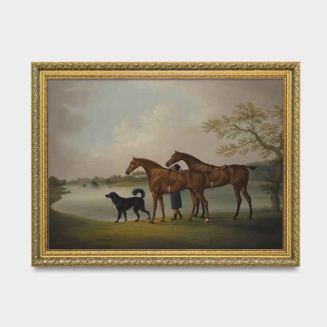 Two Horses Lake Black Dog Groom Antique Equestrian Scene Poster - Image 3