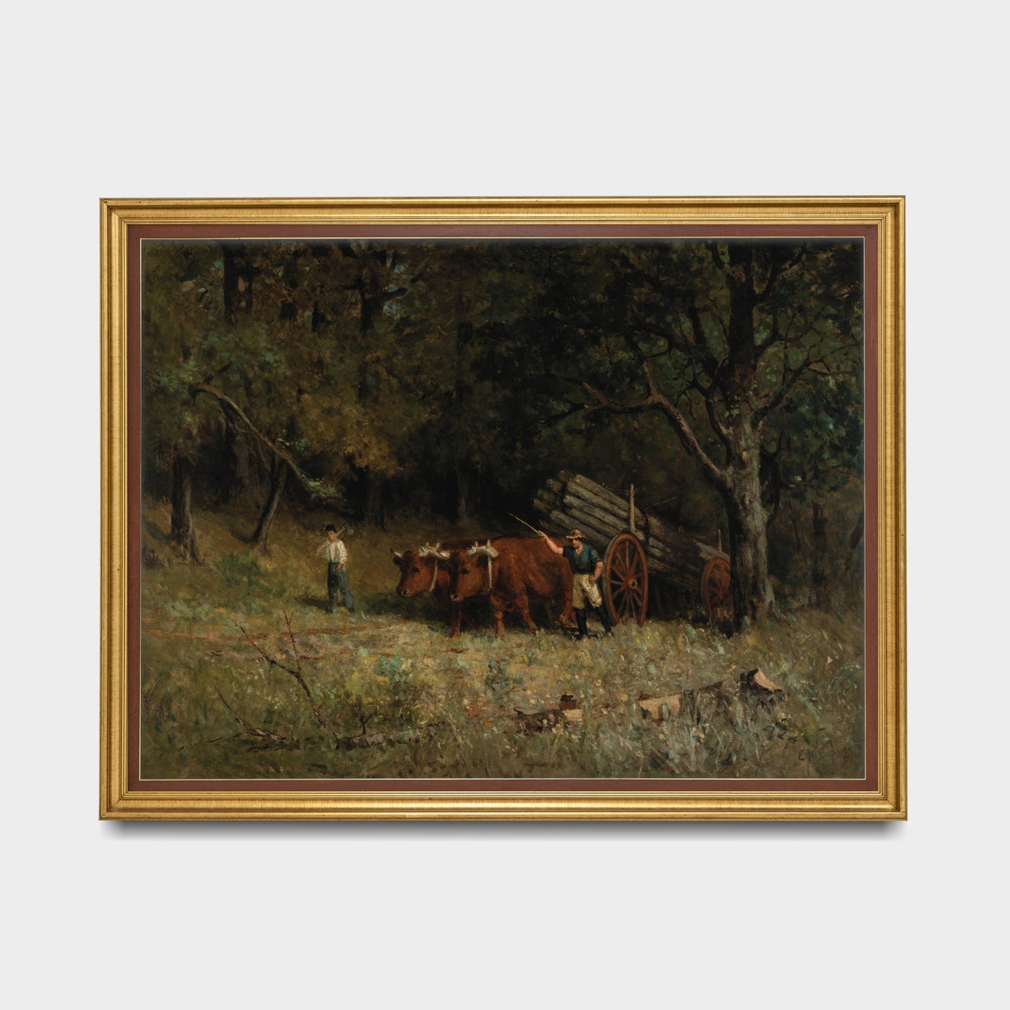 Men with Oxen Hauling Log Cart in Forest Rustic Painting Poster - Image 5