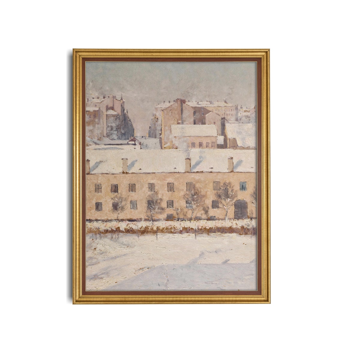 Snow-Covered City Rooftops Winter Scene Vintage Painting Poster - Image 3