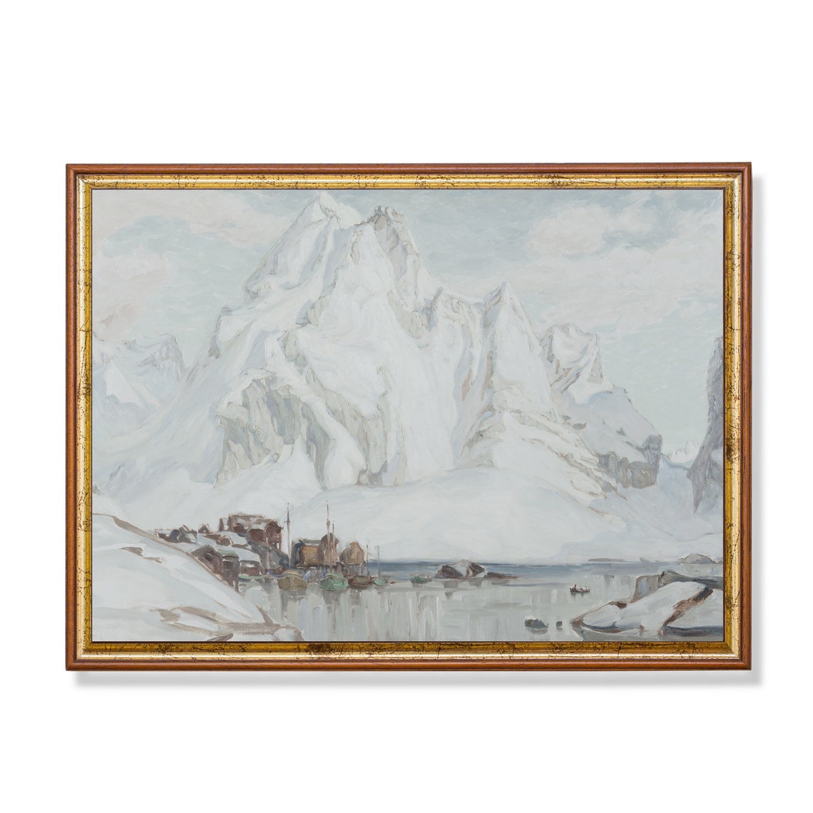 Snowy Mountain Above Village Harbor Winter Landscape Scene Poster