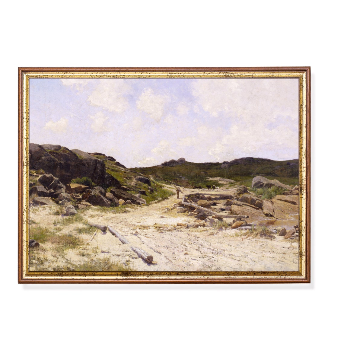 Rocky River Crossing Hikers Antique Coastal Landscape Painting Poster