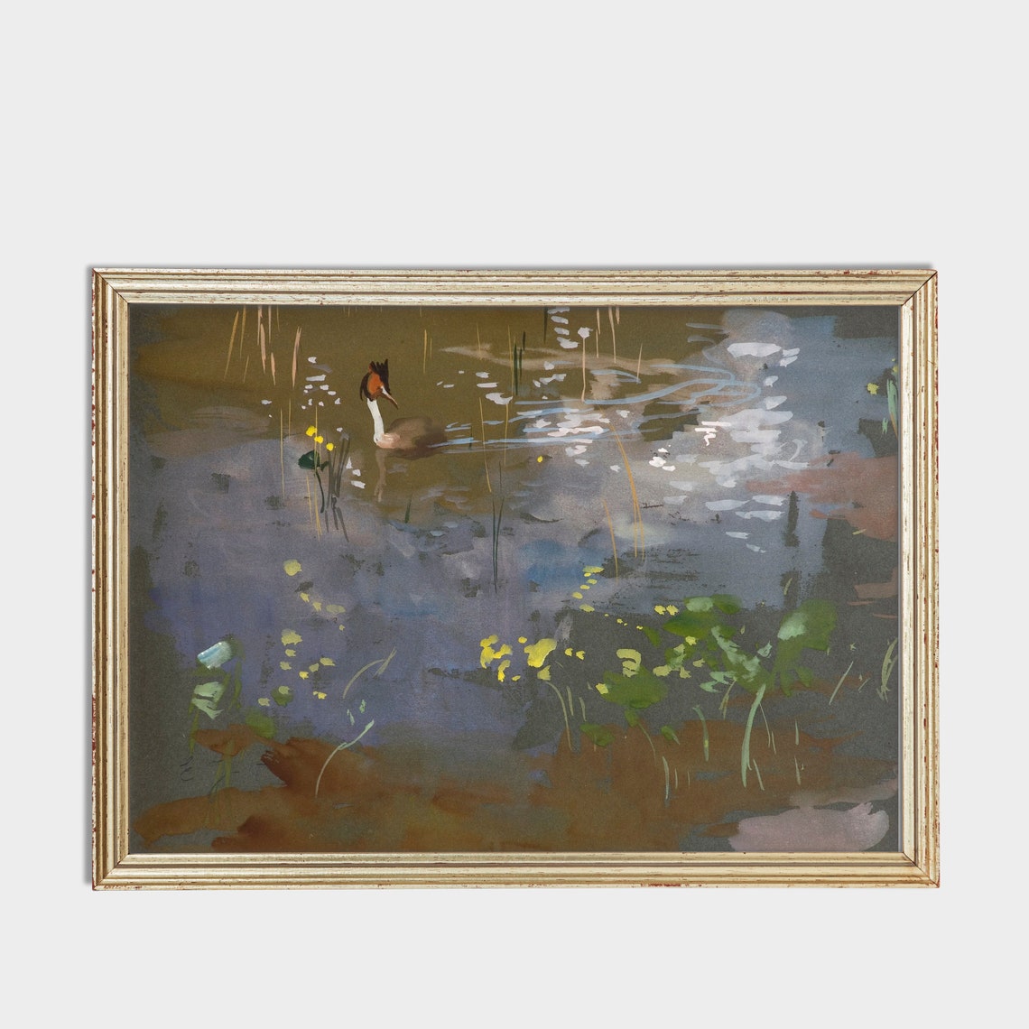Crested Grebe Gliding Through Water Lilies and Reeds Vintage Poster - Image 3