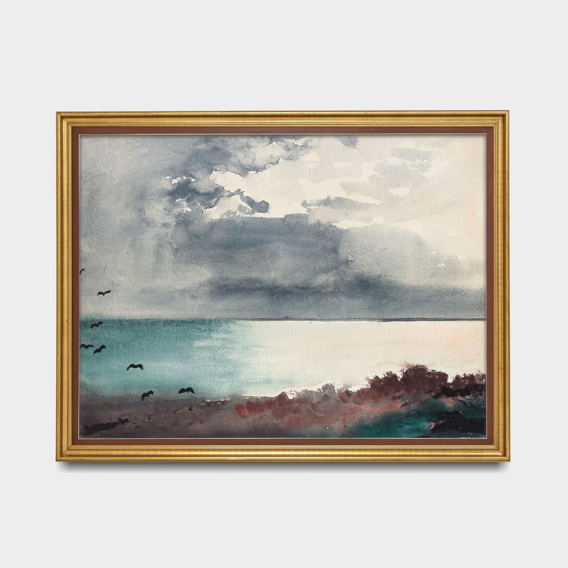 Teal Watercolor Seascape With Wheeling Birds and Clearing Sky Poster - Image 5