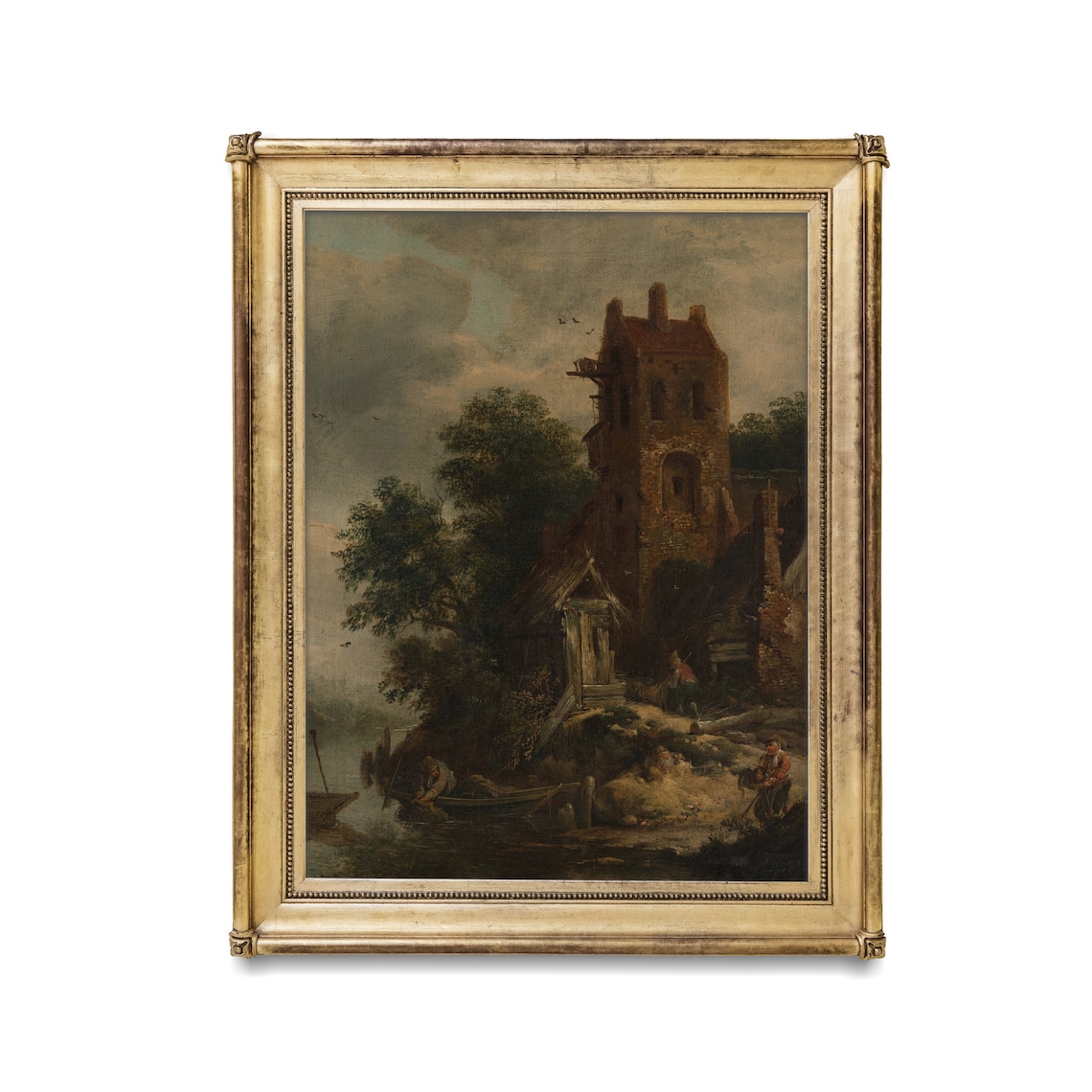 Dutch River Scene With Ruined Brick Tower and Fishermen Antique Poster - Image 4