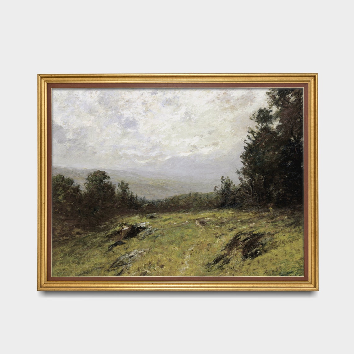 Green Meadow Valley Antique Landscape Oil Painting Rustic Poster - Image 2