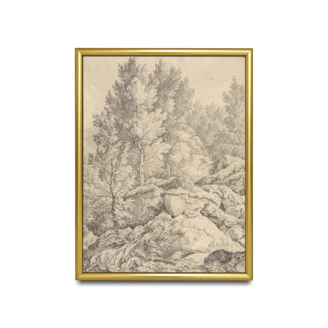 Rocky Woodland Hill Antique Pencil Sketch Neutral Art Poster - Image 2