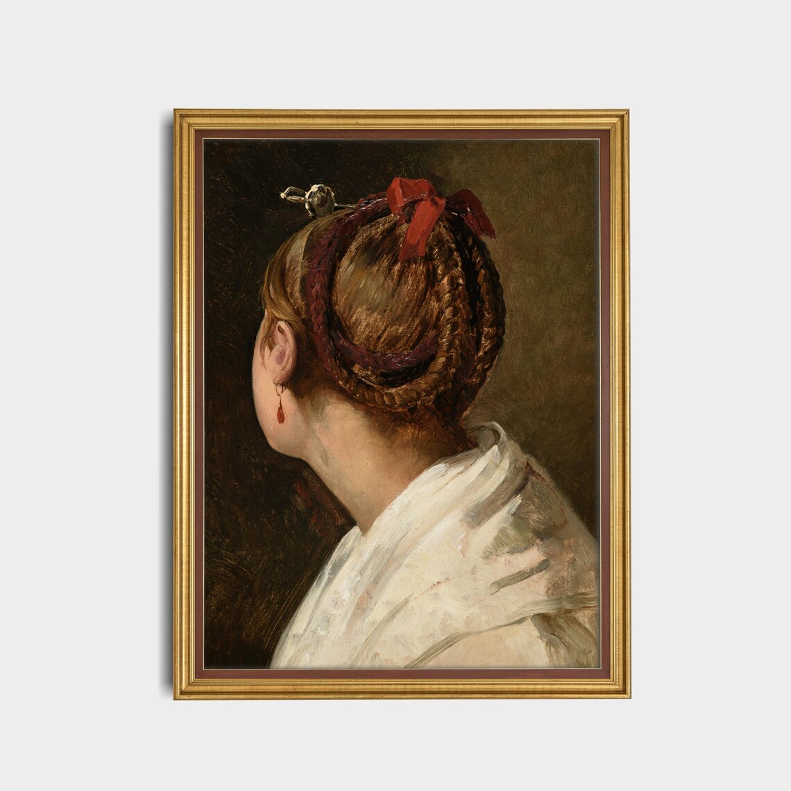 Braided Updo Woman Back View Antique Portrait With Red Ribbon Poster - Image 5